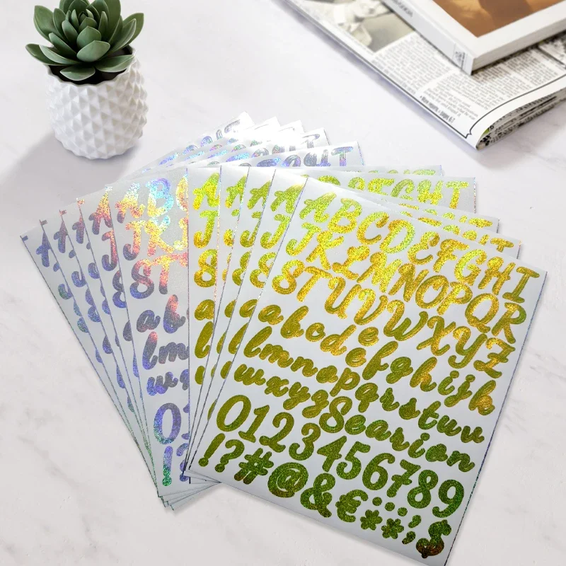 10 Sheets Glitter Gold Silver Letter Number Stickers Aesthetic Decoration Stationery Diary Envelope Notebook Decals Kid Toy Gift