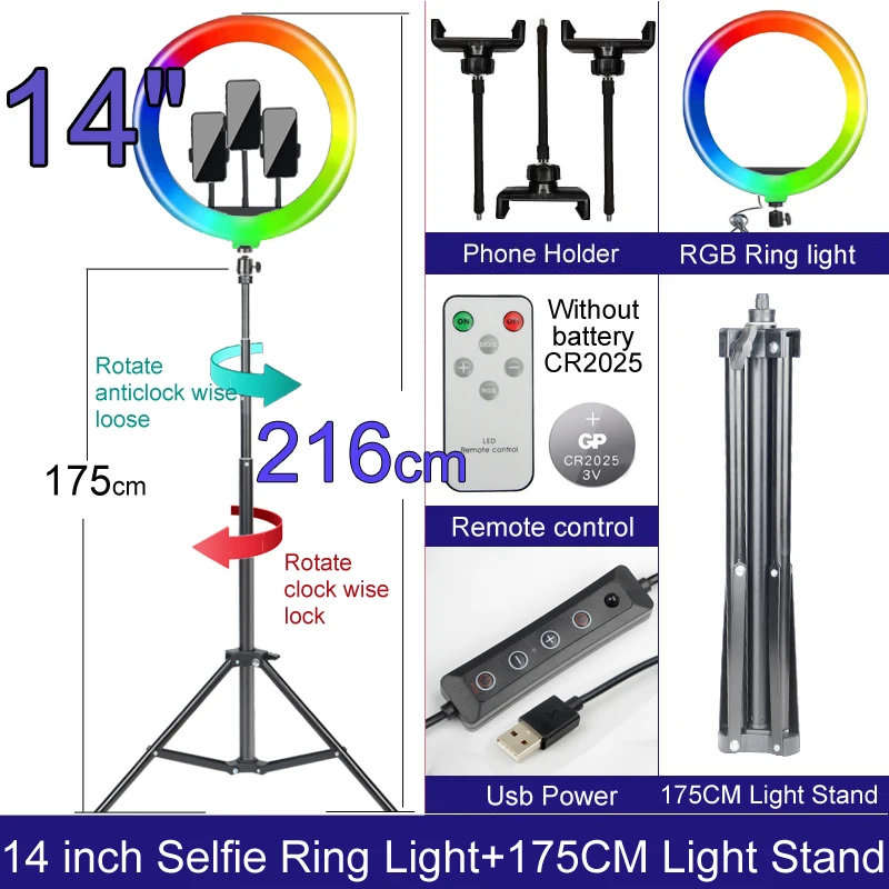 

RGB 10 12 14 Inch Dimmable LED Selfie Ring Light with Stand 160cm 175cm Tripod Lamp Photography Ringlight Phone Studio Desktop