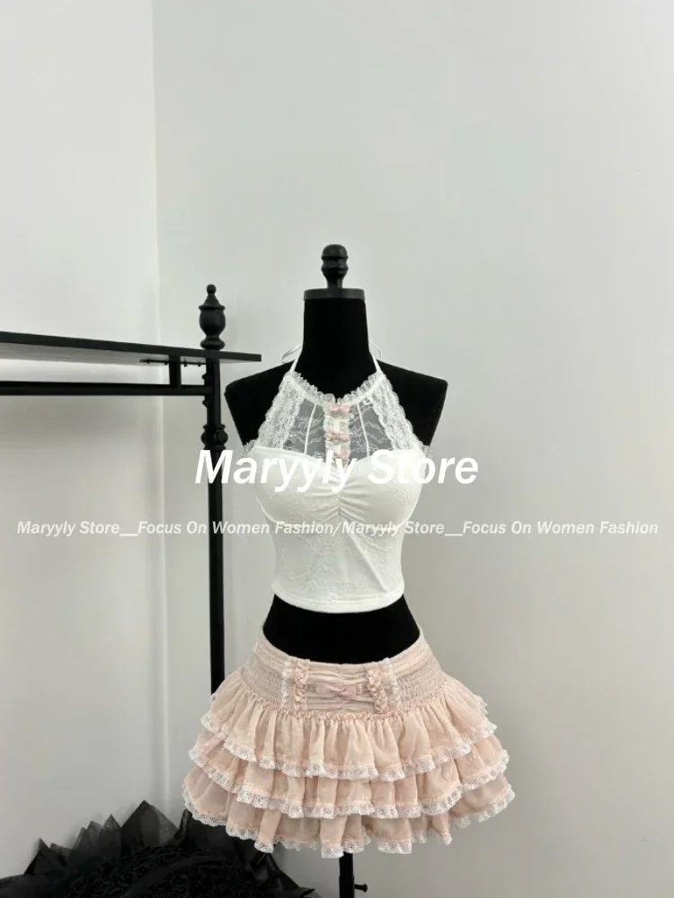 Sweet Kawaii 3 Piece Set Autumn Y2k V Neck Thin Tops + Sexy Slim Lace Vest + Cute High Wasit Mini Cake Skirt New Women Outfits