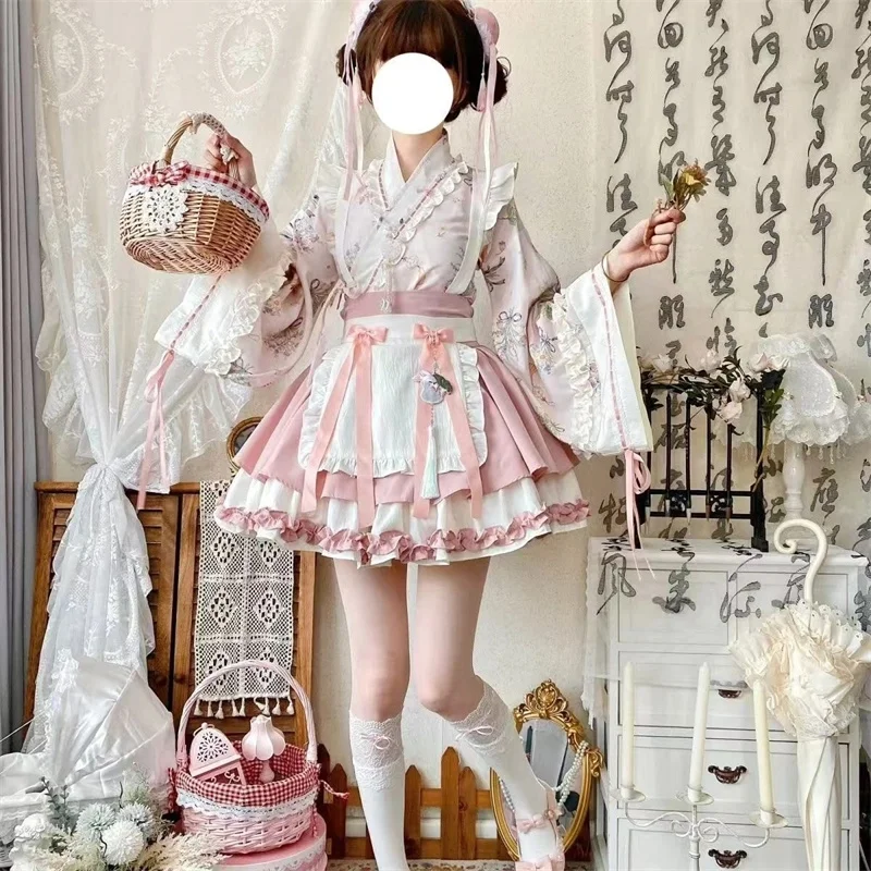 

Lolita Bow Cute Chinese style Big Sleeves 2025 Autumn/Winter New Korean Cross Neck Pendant Skirt Two Piece Set Dress Commuter WF