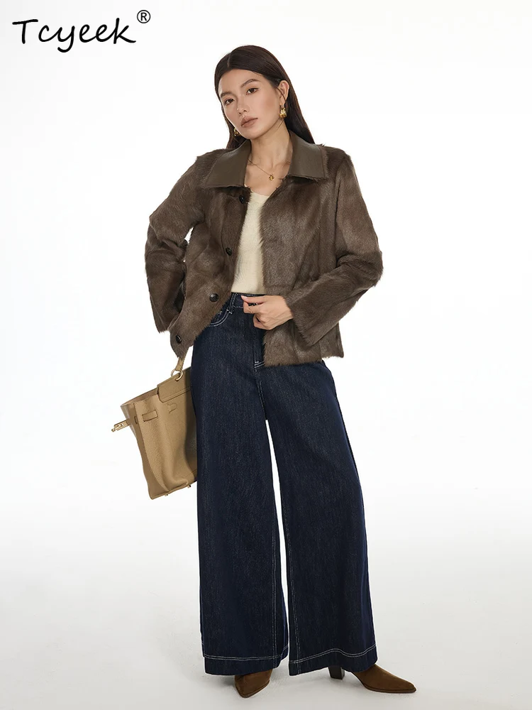 Tcyeek Real Wool Autumn Winter High End Trendy Lapel Wear Solid Color Short on Both Sides Women's Wool Shearling Fur Coat