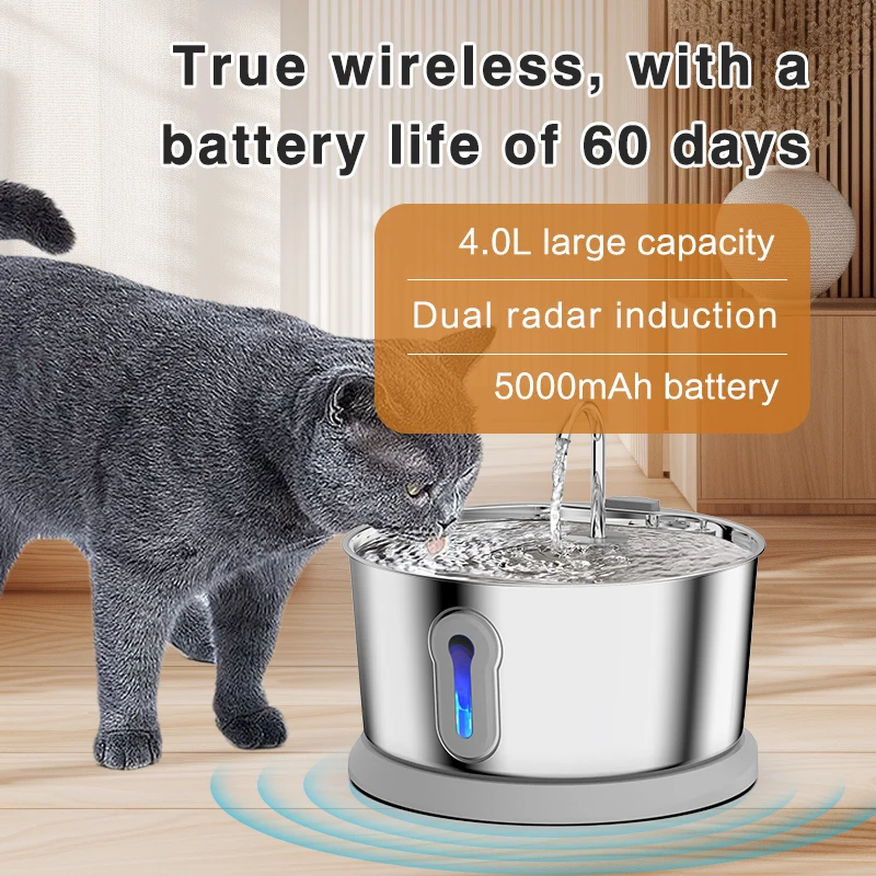 Automatic Water fountain Cat Cats With Replacement Filter 4.0L Stainless Steel  Dual Radar Induction Dispenser Level Window