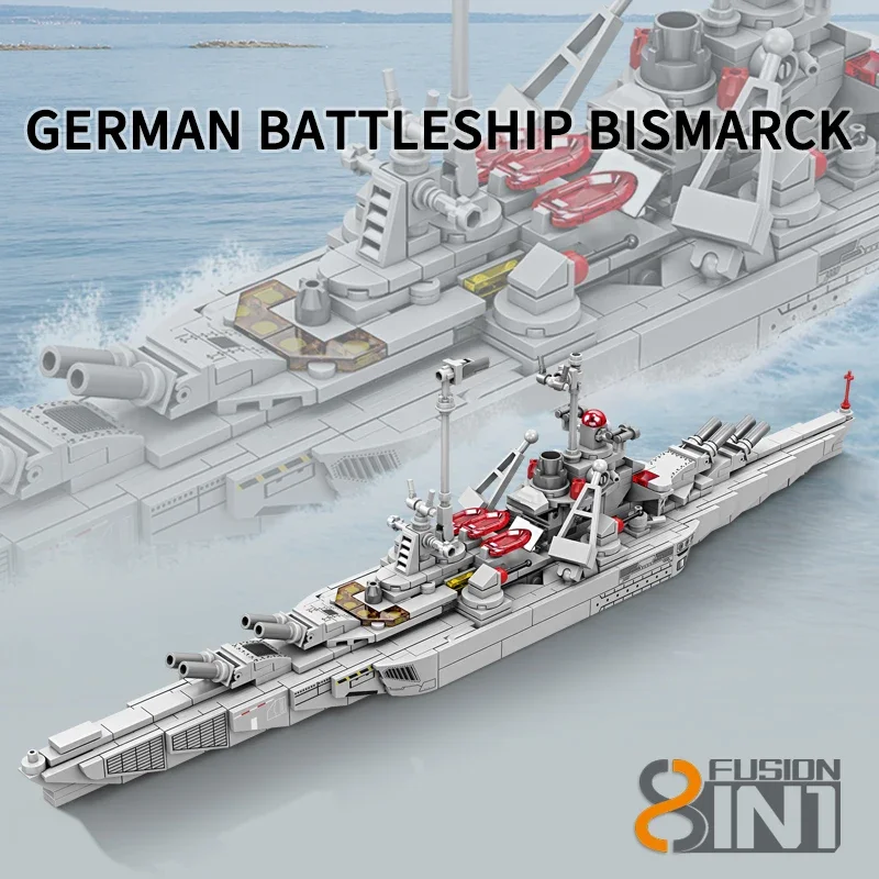 758PCS German Bismarck Battleship Building Blocks WW2 Military Aircraft Carrier 8 In 1 Assembly Bricks Toys Gifts For Kids