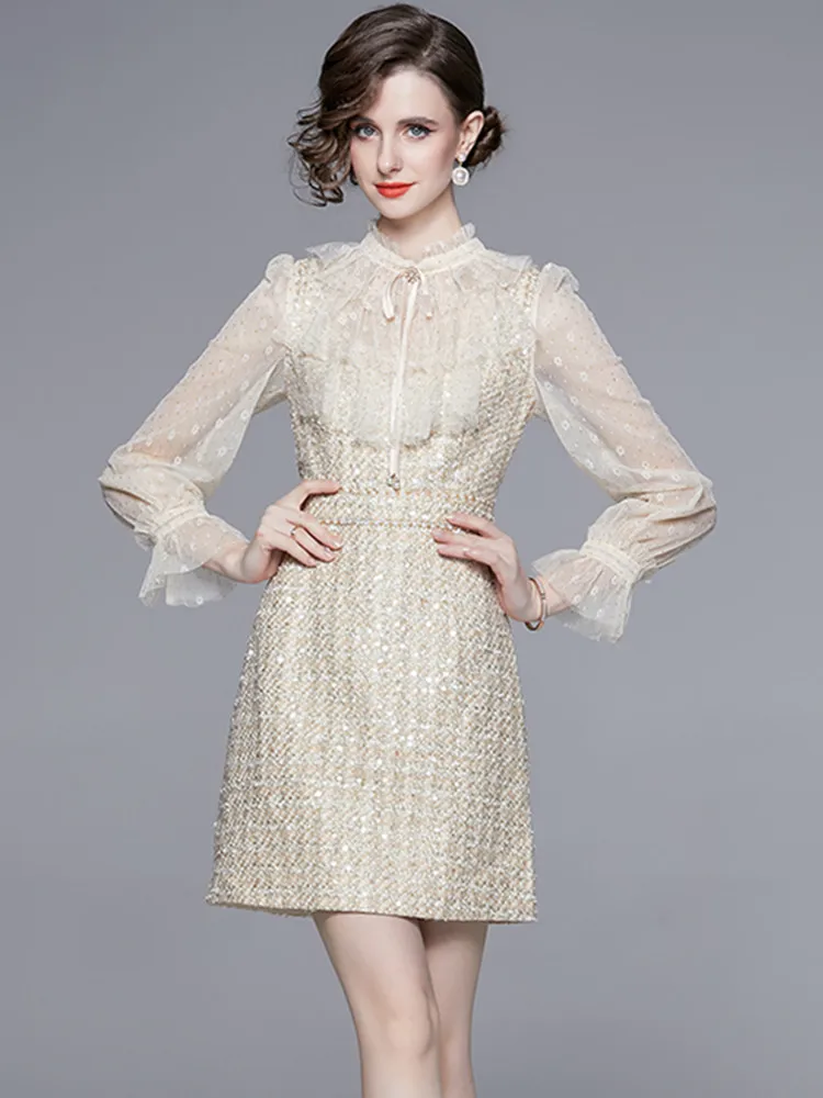Luxury Celebrity Temperament Tweed Dresses Women Stand Collar Flare Long Sleeve High Waist Patchwork Mesh Sequin Woolen Dress