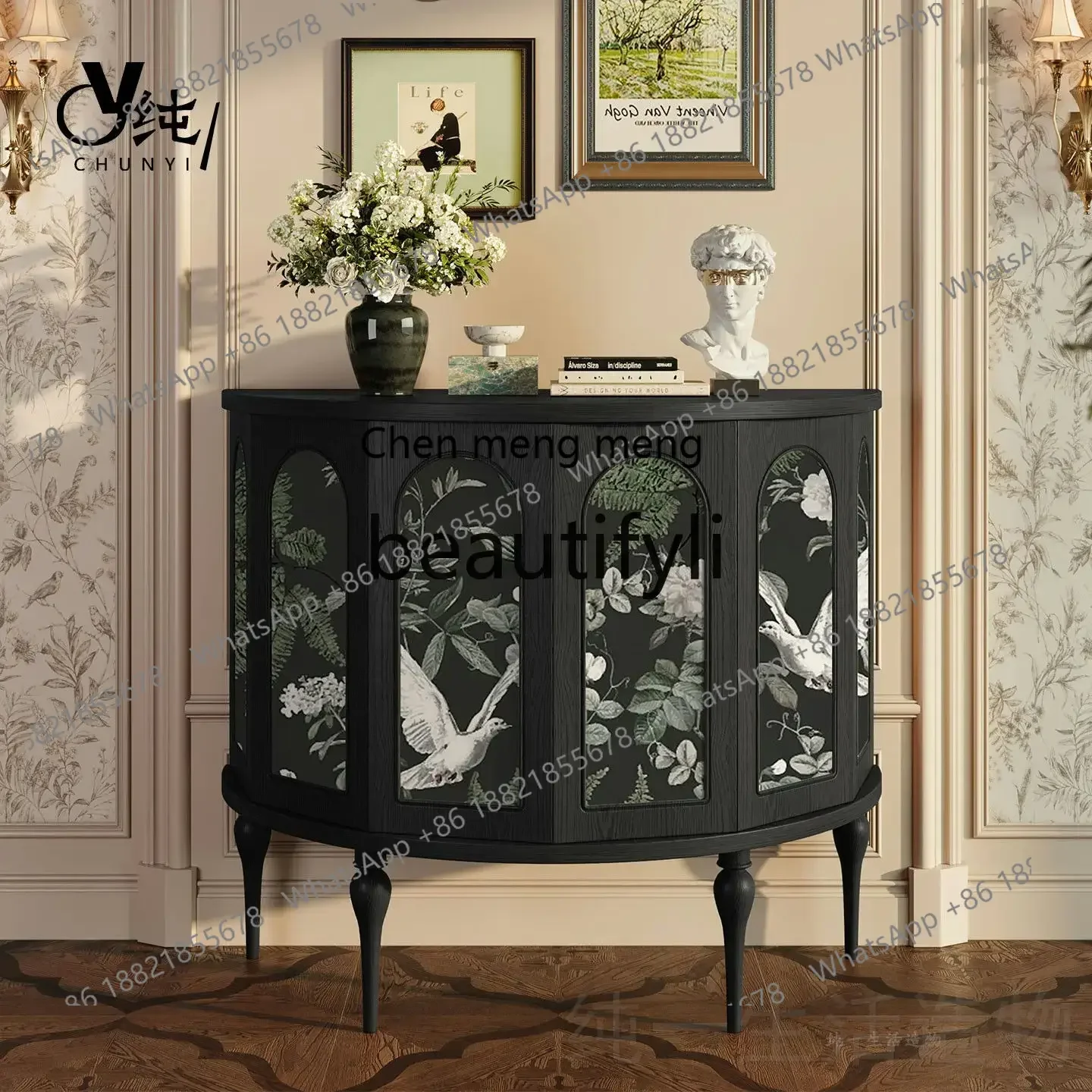 A32 French Vintage Style Solid Wood Entryway Cabinet Hallway Half Round Six-Sided Cabinet Living Room Decorative Cabinet