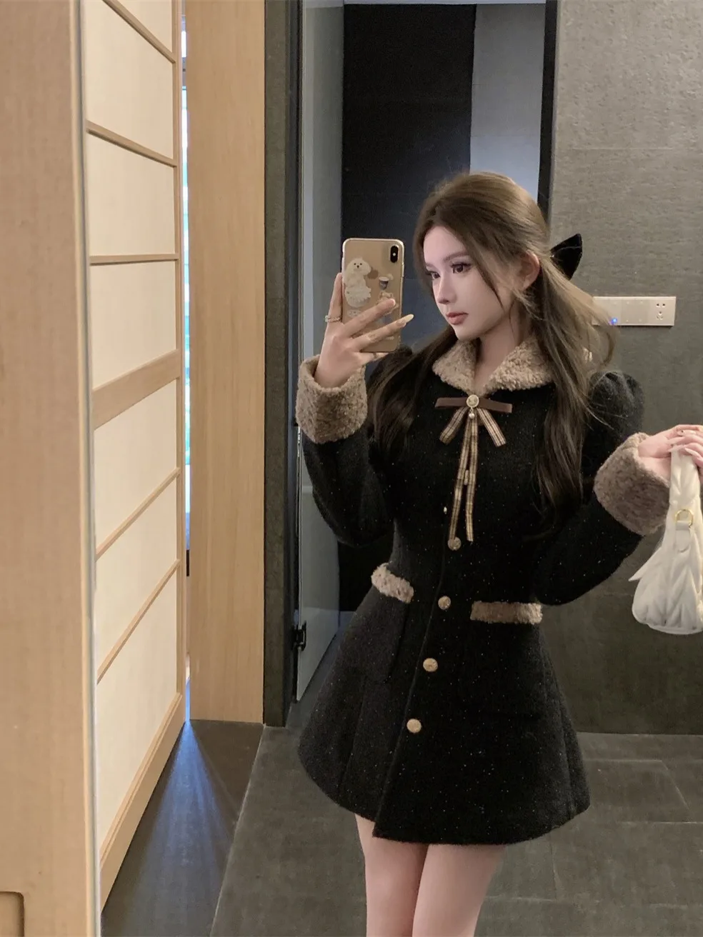 

Korean Fashion Autumn New Women Dress Coats Elegant Fur Collar Splicing Long Puff Sleeve Single Breasted A Line Mini Dresses