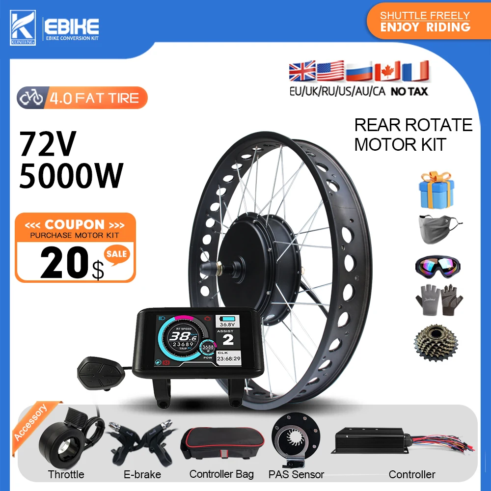 Fat Tire 72V5000W Ebike Conversion Kit Rear Wheel Hub Motor BLDC Rotate Dropout 170MM For Snow Bike Electric Bike Conversion Kit