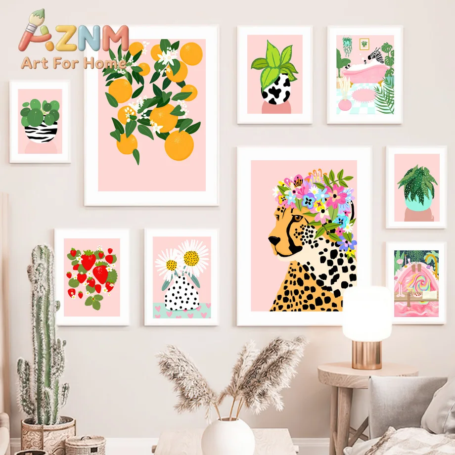 Wild Leopard Flower Orange Strawberry Vase Bathtub Poster Wall Art Canvas Print Painting Pictures For Living Room Bathroom De