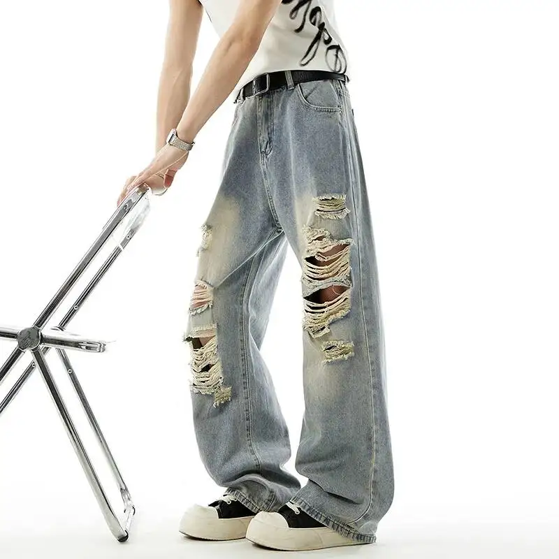 LUZHEN 2026 Summer Personalized Wornout Broken Hole Design Straight Jeans Men Fashion Original Vintage Style Denim Pants JY6702