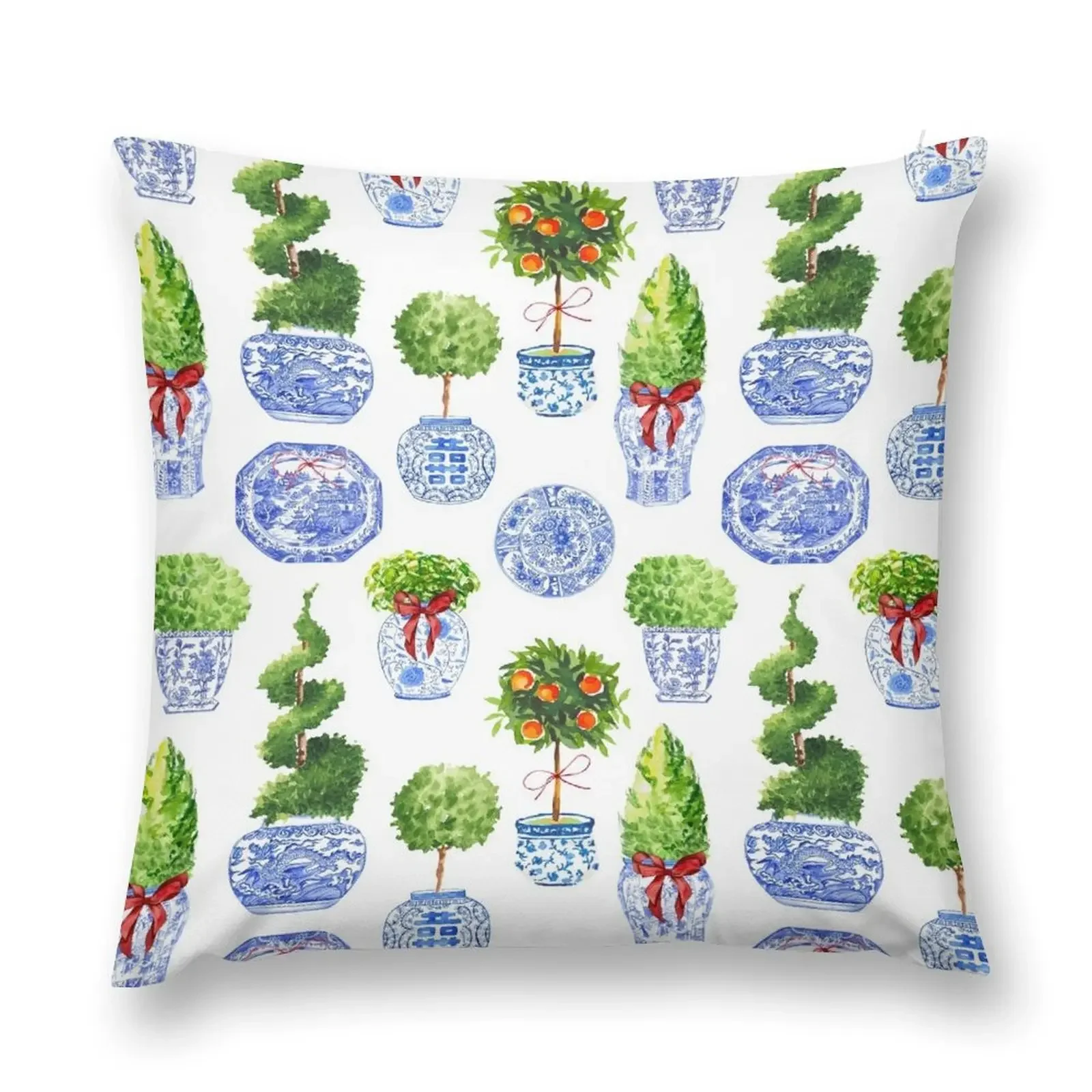 Holiday Topiary Chinoiserie Blue and White Porcelain Throw Pillow Couch Cushions Christmas Pillow pillow