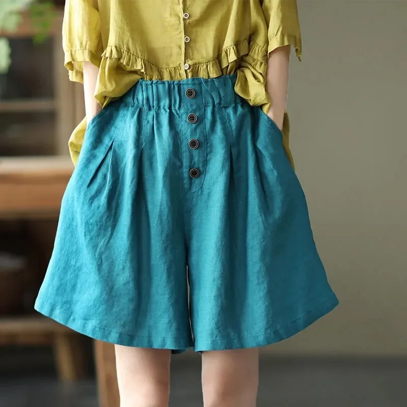 Summer New Women Vintage Cotton and Linen Solid Color Casual Loose Large Size Pure Cotton All-match Wide Legs Multicolor Shorts