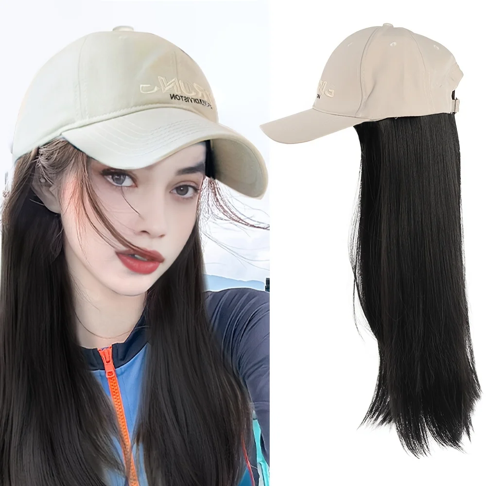 14 Inch Long Straight Hair Wigs with Baseball Cap - Synthetic Buckle Net Cap Basics Style for Women - Easy to Wear Comfortable a