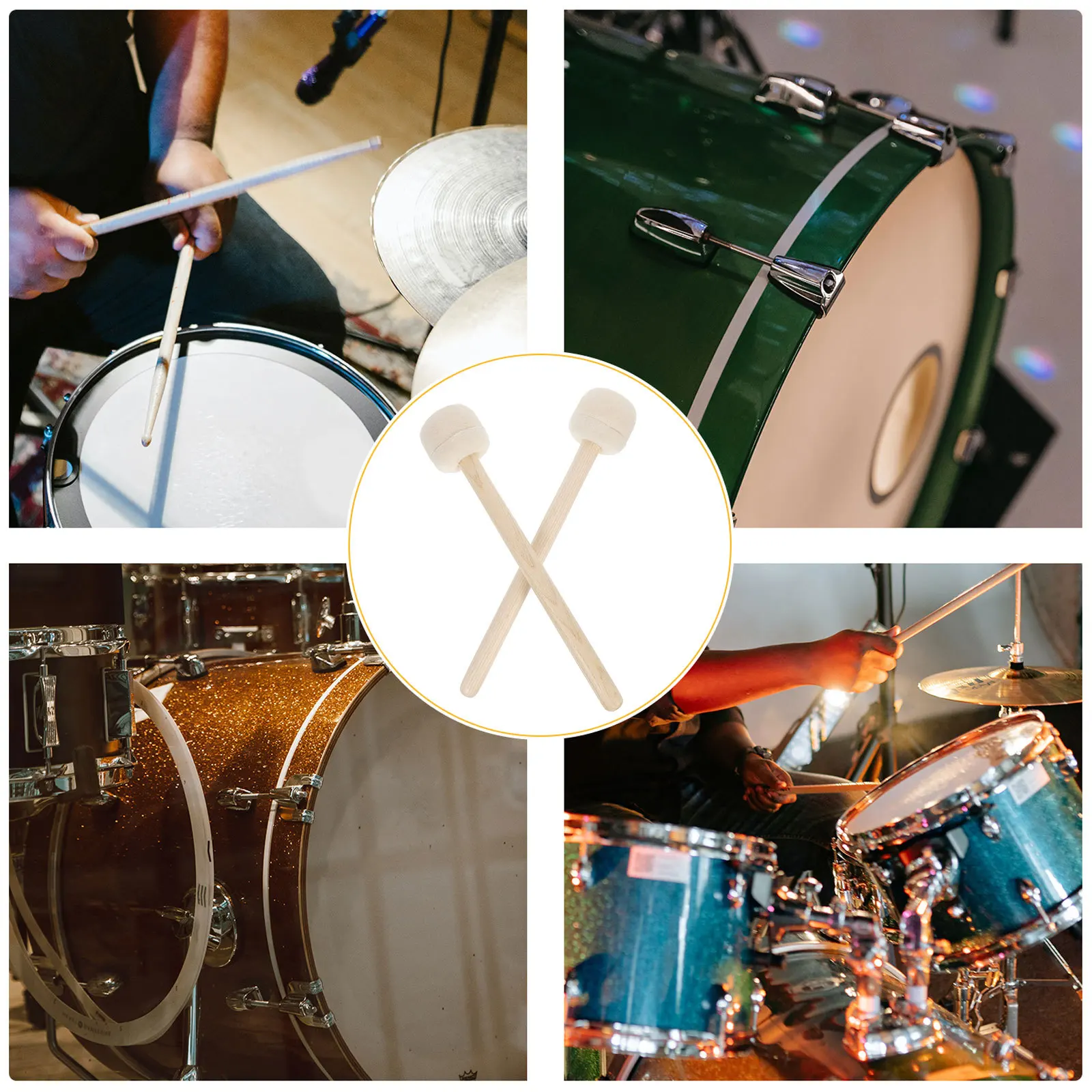 Bacchette per batteria da 2 pezzi, manico in legno, feltro di lana, martello per grancassa, strumento a percussione professionale, accessori musicali