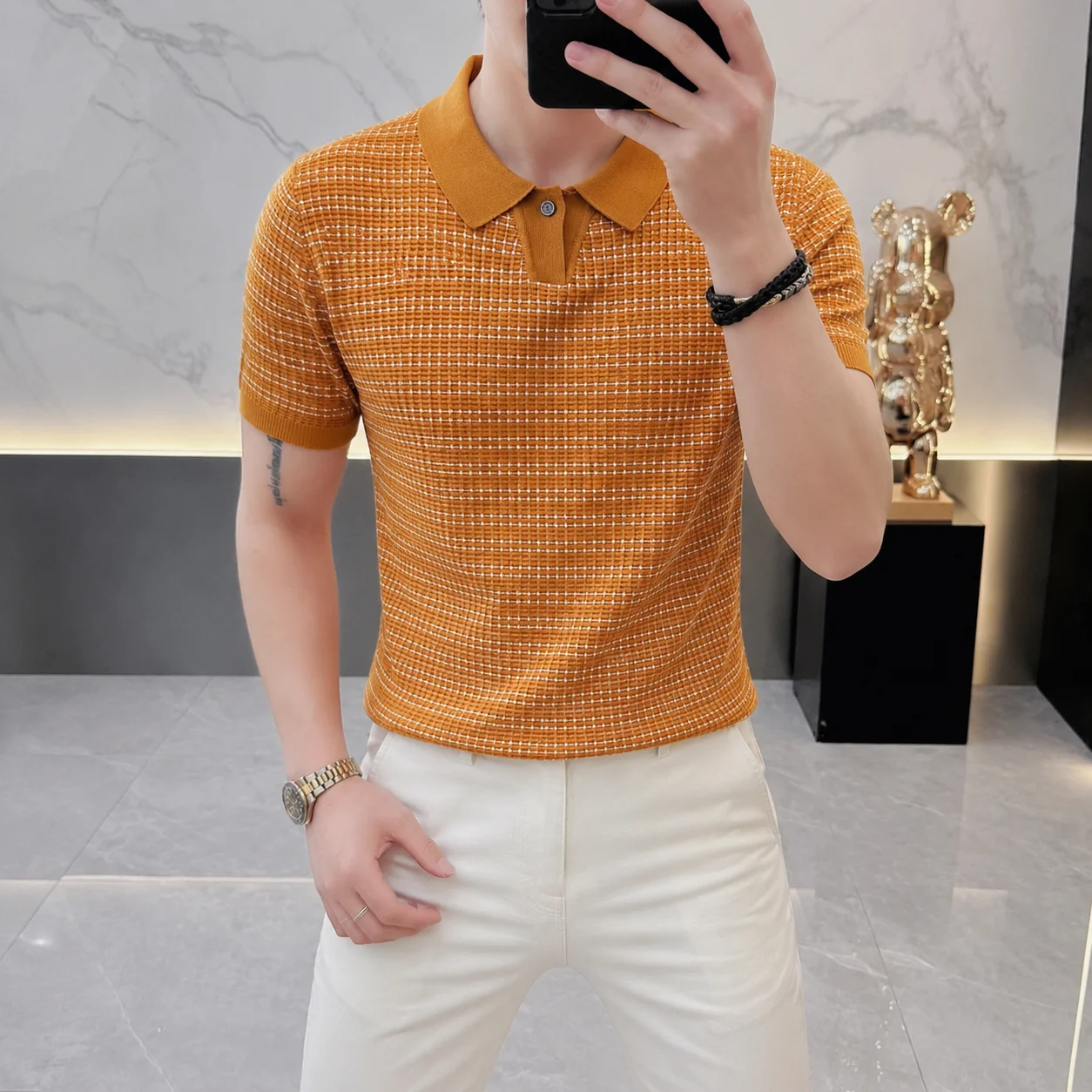 High Quality Men's Short Sleeved Polo Shirt Summer Striped Knitted Ice Silk Trendy Casual T-shirts Lapel Business Social T-shirt