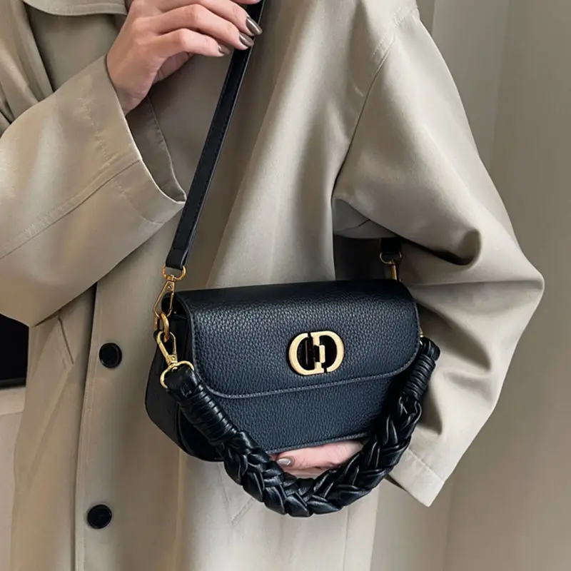 حقيبة منسوجة لخريف وشتاء 2025 للنساء - حقيبة كتف مربعة كلاسيكية مع حزام كروس، حقيبة يد أنيقة تحت الإبط