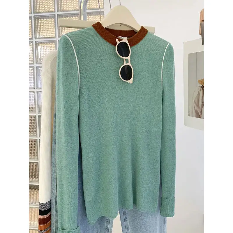 

Пуловер с круглым вырезом, контрастный вязаный базовый свитер с длинными рукавами для женщин, уникальный и красивый Облегающий топ на осень и зиму