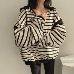 Casual Striped Hooded Pullovers Drawstring Spring Autumn Stylish Patchwork Female Clothing Korean Loose Long Sleeve Sweatshirts