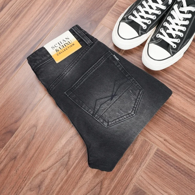 New autumn and winter men's pants, high-quality black and gray jeans, high-end, stylish, slightly stretchy, slim-fit, straight-l