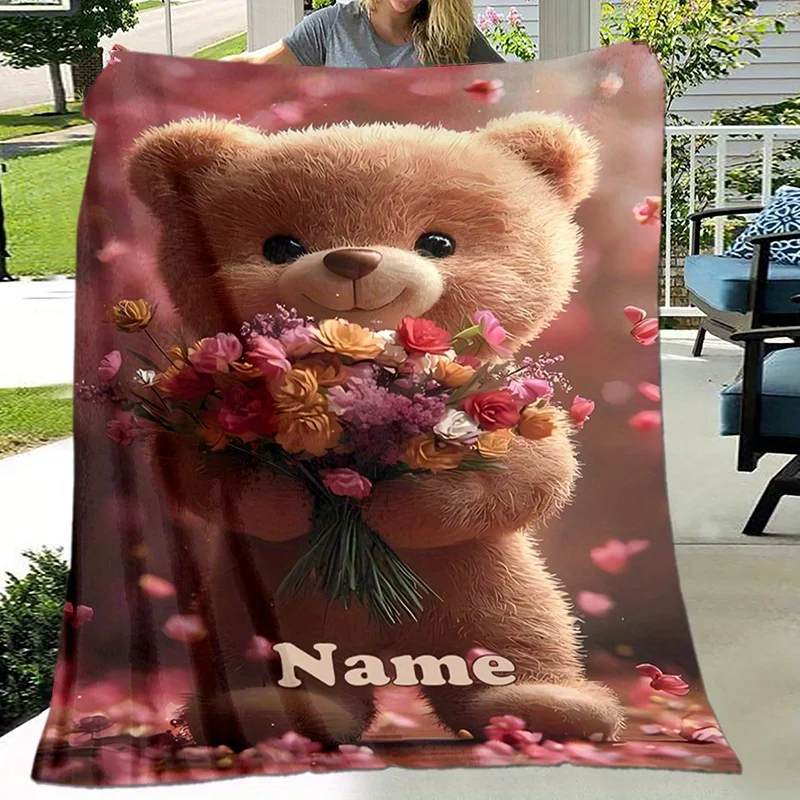 Custom name teddy bear plush fleece blanket, soft, suitable for sofa, bed, office, birthday, children, friends, gifts