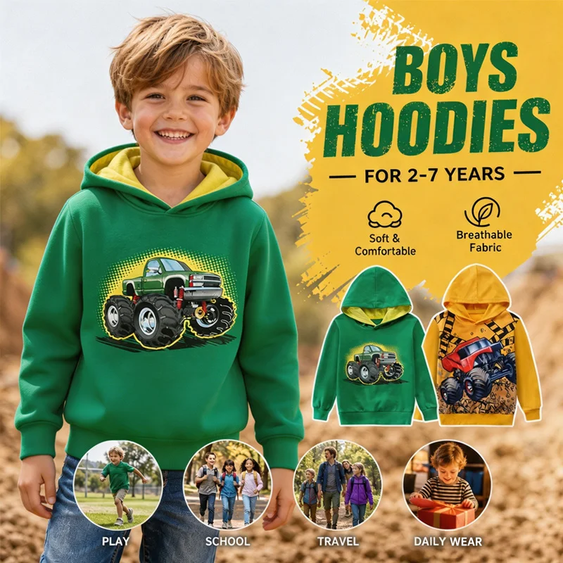Little Hand Boys Hooded Sweatshirt Cool Truck Print Long Sleeve No Pocket Kids Casual Hoodie Top for Toddler 2‑7 Years Old