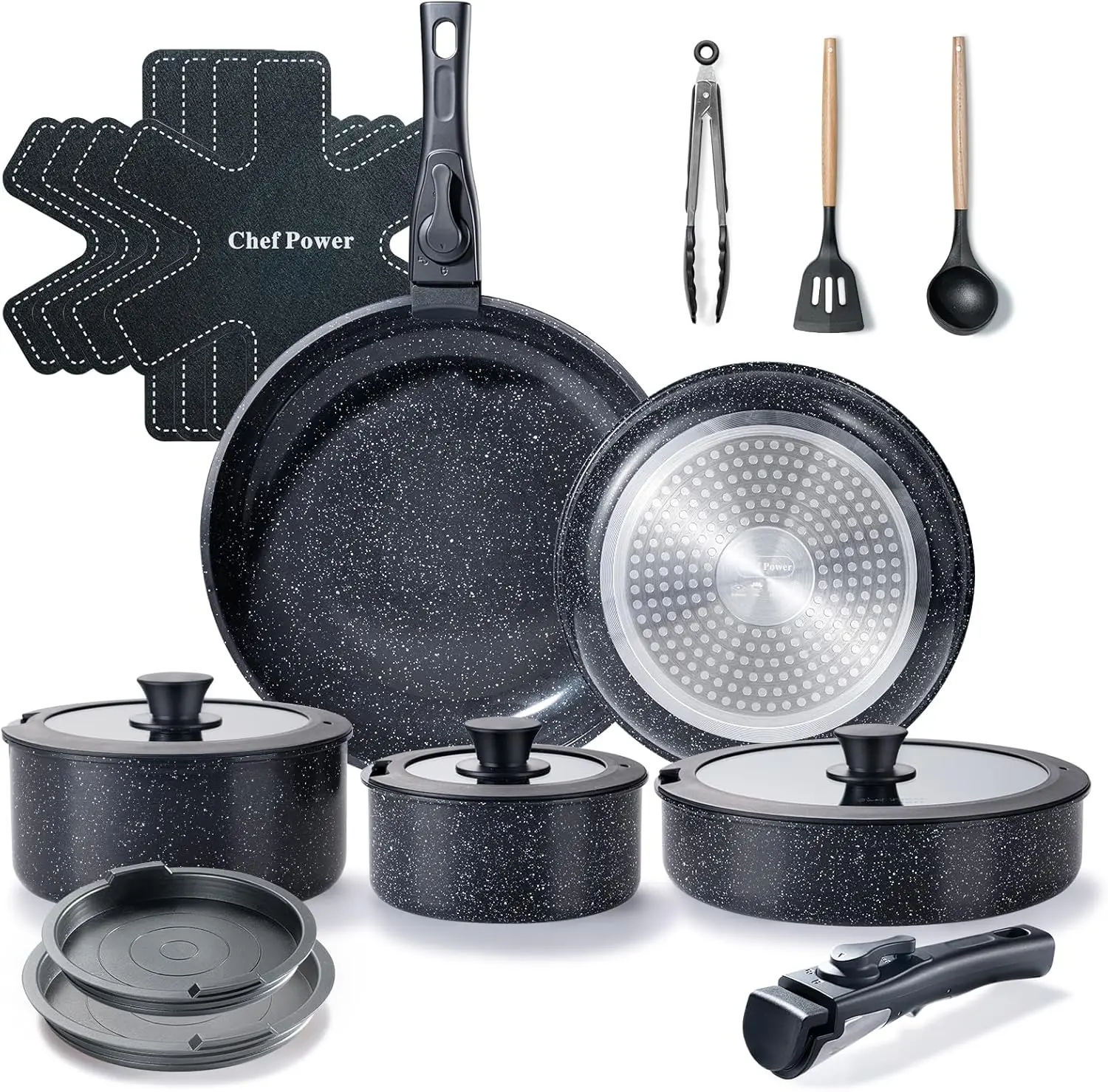 Ceramic Nonstick Cookware Set 19 Piece With Detachable Handle, Induction Dishwasher Oven Safe Pans And Pots Set, Rv Kicthen Set