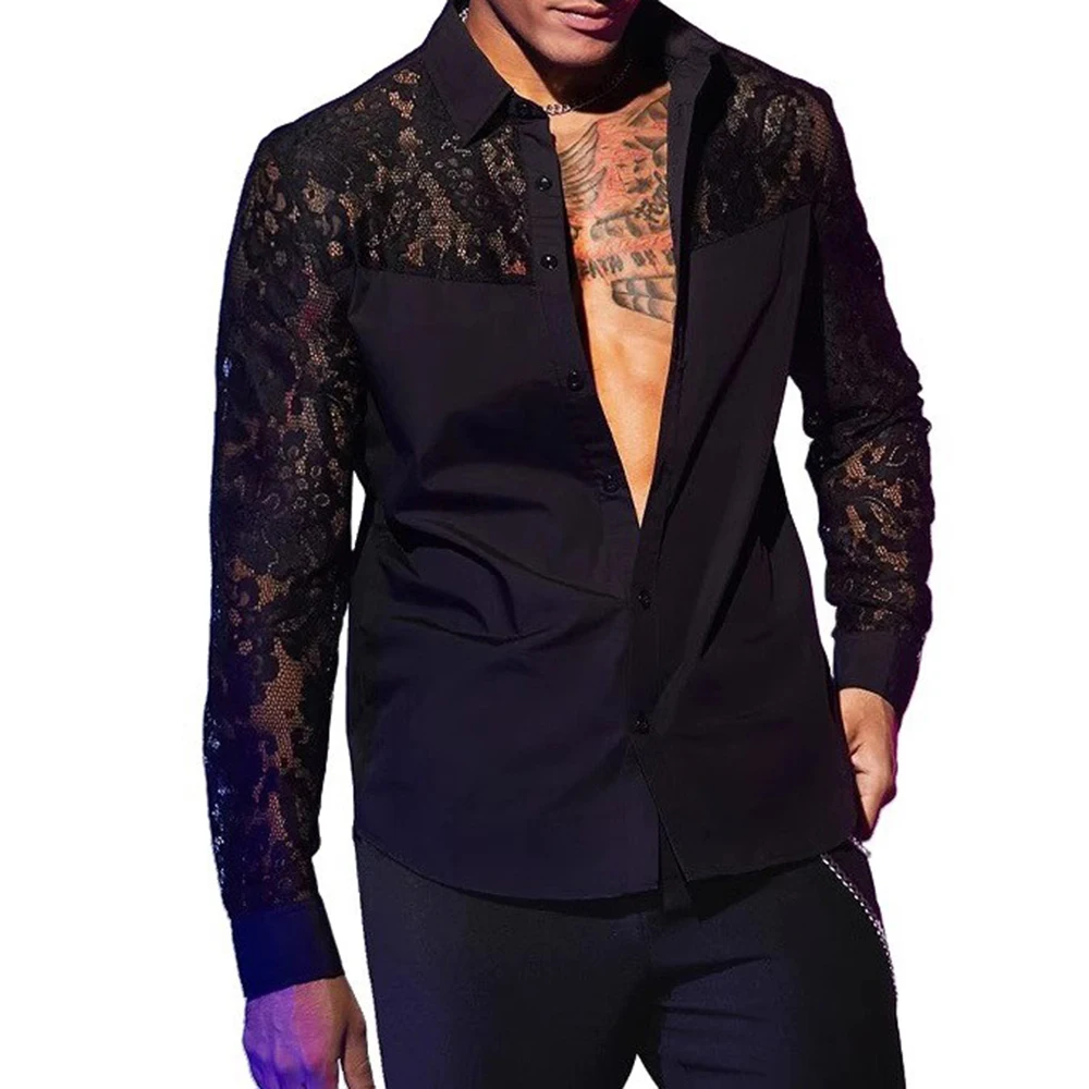 Mens Trendy Sexy Lace Stitching Long-Sleeved Shirt Autumn New High-Quality Sexy Fashion Elegant Casual Personality Tops For Men