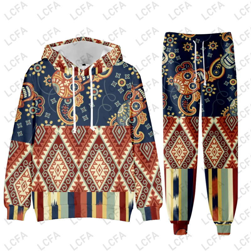 Men's Zipper Tracksuit Set Luxury National Lines Pattern 3D Print Casual Hoodie Pants 2pcs Sets Oversize Sweatshirt Man Clothes