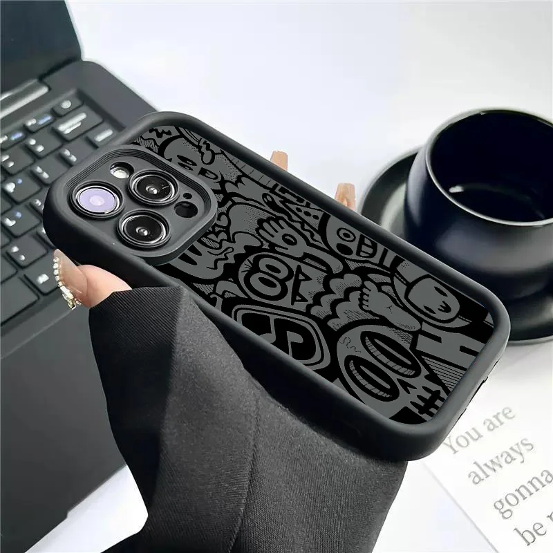 Black Graffiti Phone Case For iPhone 17 16 Pro Max 15 14 13 Pro Max 12 11 Pro Max Plus Air XS X XR 16E 7 8 SE2 Camera Soft Cover - view 3