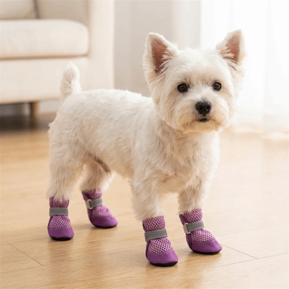 4PCS/SET Non-Slip Pet Mesh Shoes Breathable Wear-Resistant Pet Paw Protector Lightweight Soft Sole Dog Foot Covers Outdoor Use
