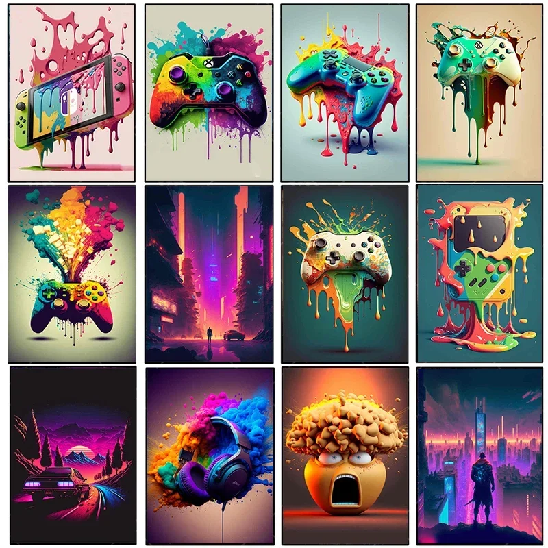 Vintage Canvas Painting Colorful Punk Neon Gamer Controller Cool Gaming Poster for Wall Art Esports Game Kawaii Room Decor