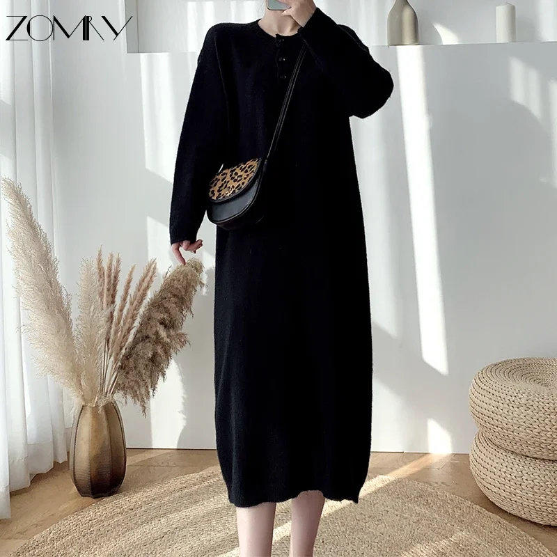 ZOMRY Korean Retro Loose Simple Sweater Knitting Dresses Women‘s O-Neck Party Evening Warm Vestidos Autumn Winter New Clothing