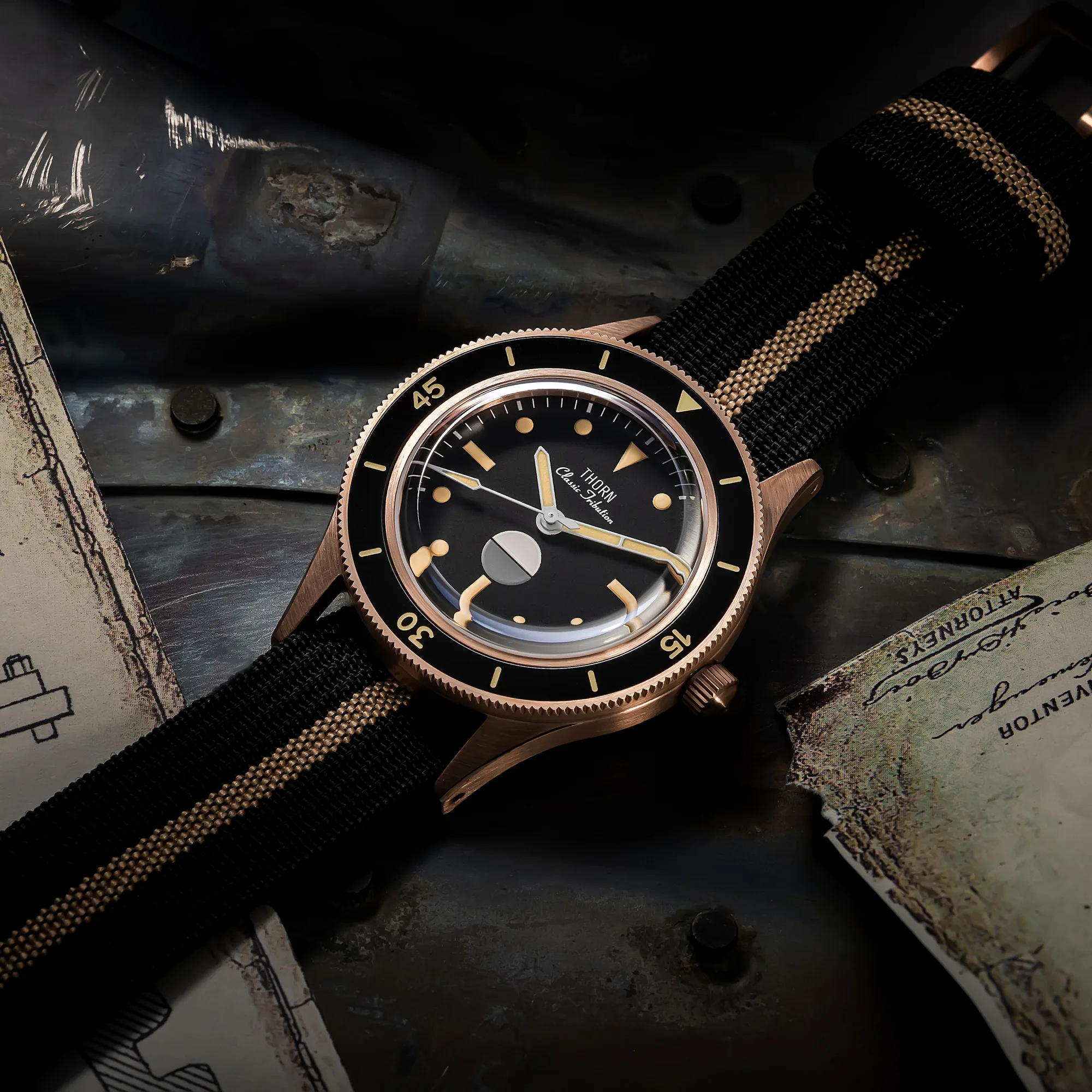 Thorn-Men's Bronze Diver Vintage Watch, mostrador preto, moldura cerâmica, Custom 8 Bronze Case, Movimento Sapphire NH35, 20Bar impermeável, 40mm