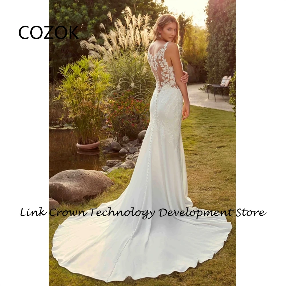 COZOK abiti da sposa con spalline sottili con abiti da sposa senza maniche a sirena in pizzo 2024 Summer Court Train Jersey Vestidos De