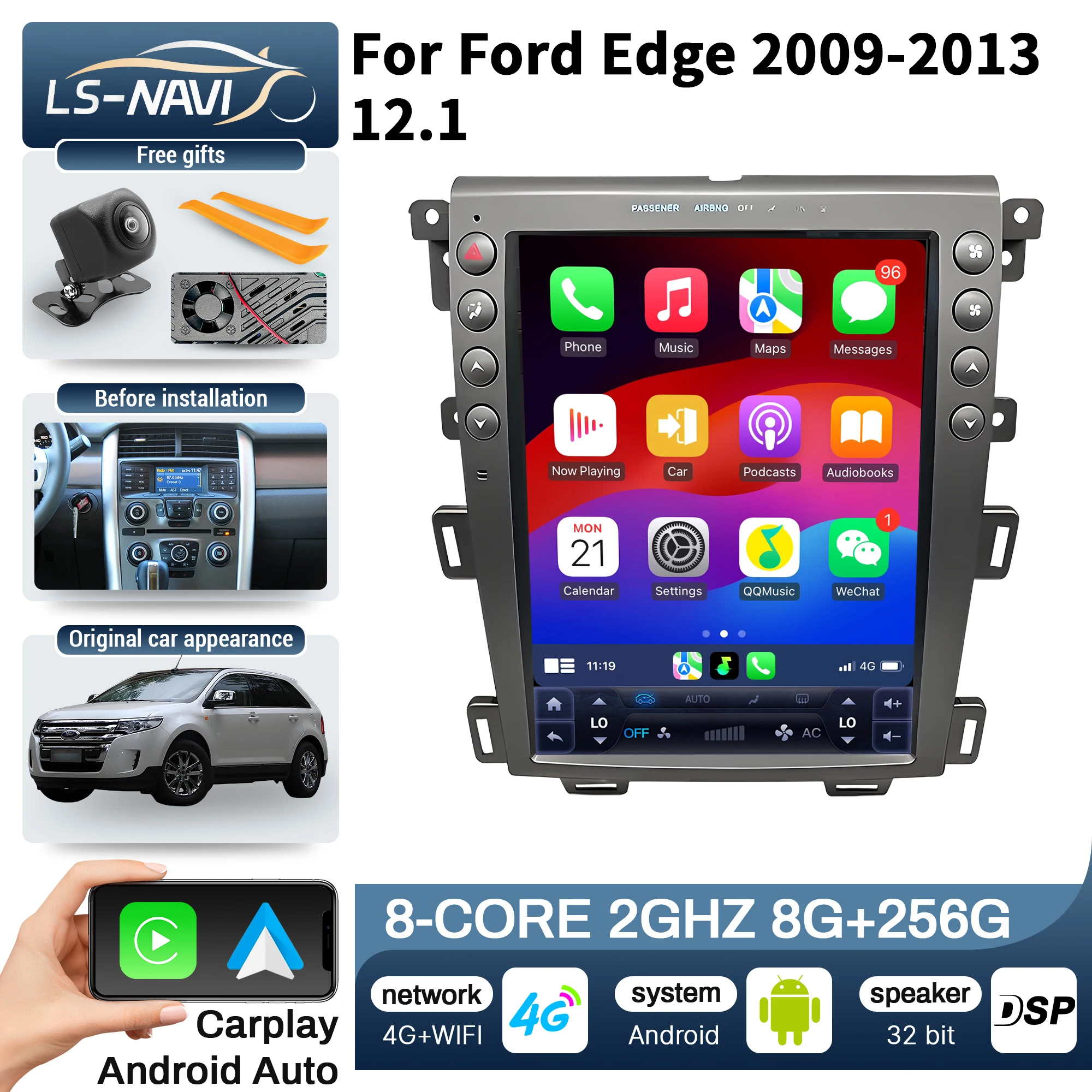 

12.1 Inch Car Radio for Ford Edge 2009-2013 Android 14 4G GPS Touch Screen Wireless Bluetooth CarPlay Stereo System