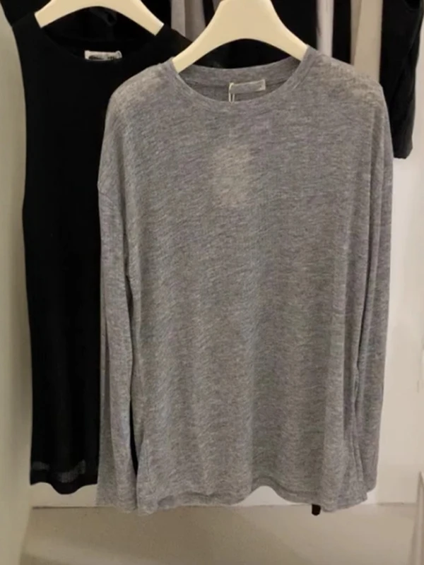 

plus Size Women's ey round Ne Long Sve T-irt Korean Sle Faion Spring Autumn Thin Comfortable Breathable Top