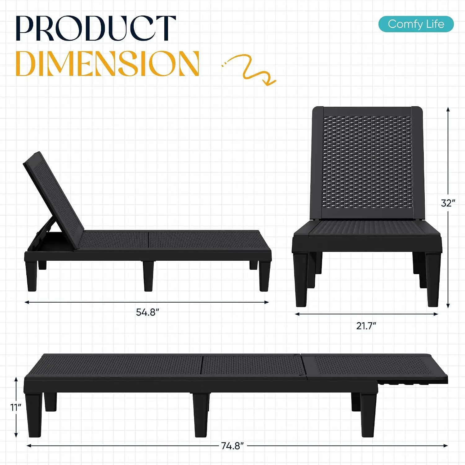 Adjustable Outdoor Chaise Lounge Set of 4, Waterproof PP Lounger for Garden Pool Beach Patio Sunbathing, Black, Customized