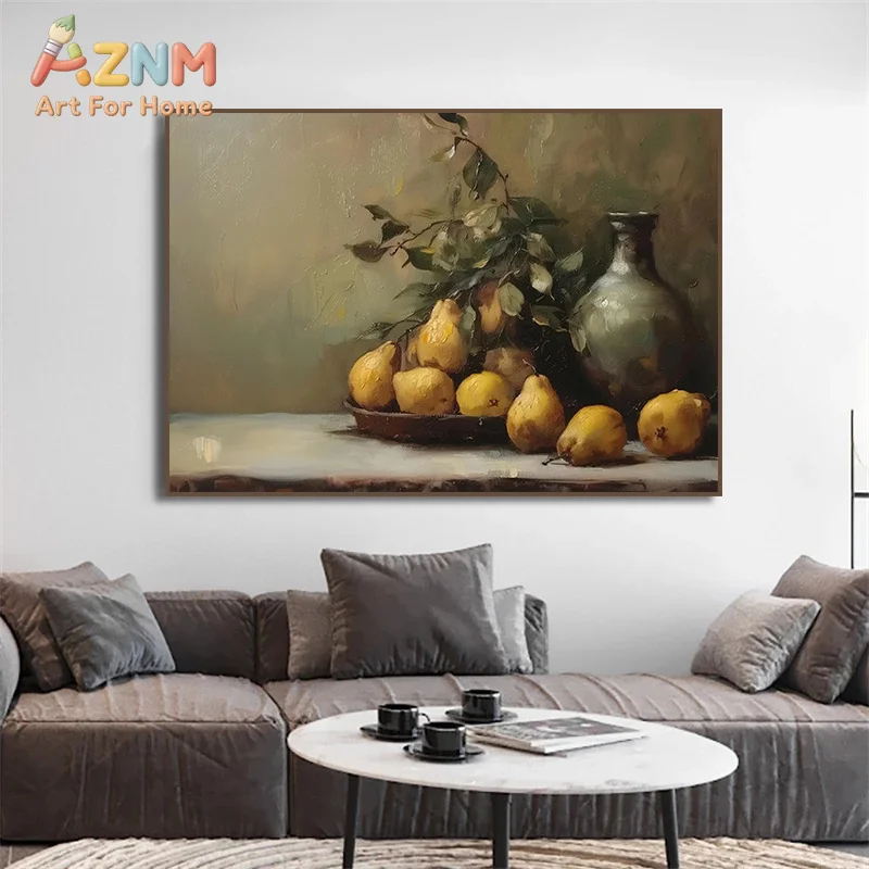 AZNM Vintage Fruit Still Life Canvas Wall Art Lemon Fig Olive Strawberry Classic Oil Painting Kitchen Unframed Canvas Home Decor