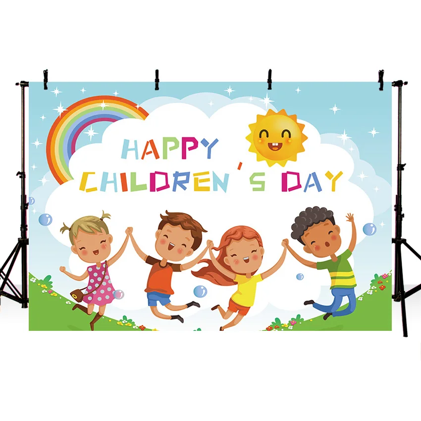 Mehofond Photography Background Happy Children's Day Backdrop Boy Girl Play Sun Smile Rainbow Blue Sky White Clouds Photo Studio