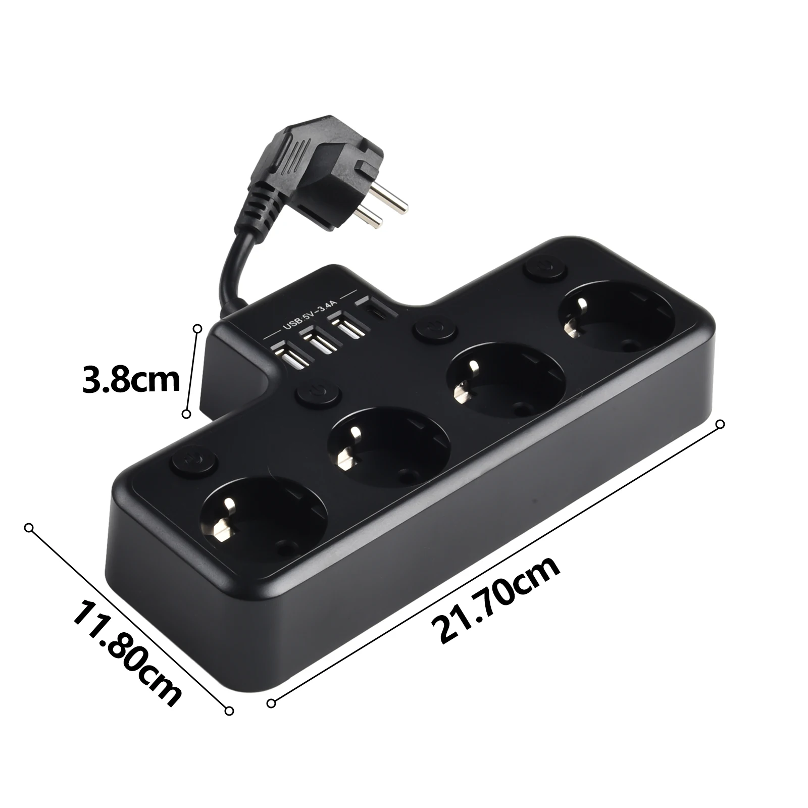 16A Black 4-Way Power Supply Board PC ABS V0 Fireproof 10cm Cable USB Port Port Wall Mount Socket Plug Connector