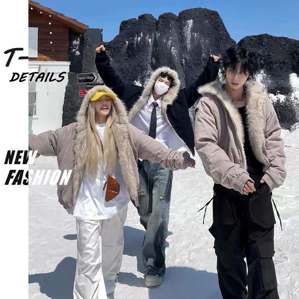 Women Winter Faux Fox Fur Collar Cropped Bomber Jacket Thick Quilted Lined Warm Short Zip Up Coat Streetwear
