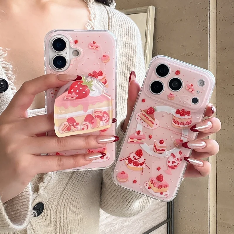Niedliche Erdbeer-Kuchen-Schutzhülle mit magnetischem Ständer für iPhone 17 Pro, 16, 14, 15 Pro Max – Kompatibel mit MagSafe