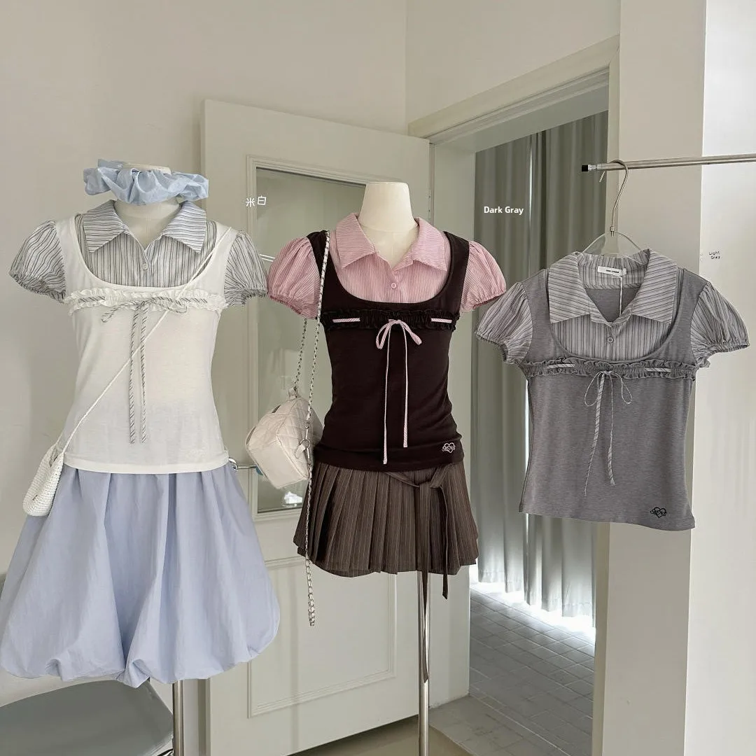 Weiwei Short Padded Bubble Sleeve Shirt Korean College Style Fake Two-Piece Embroidery Gored Skirt Stand Collar Button Detail