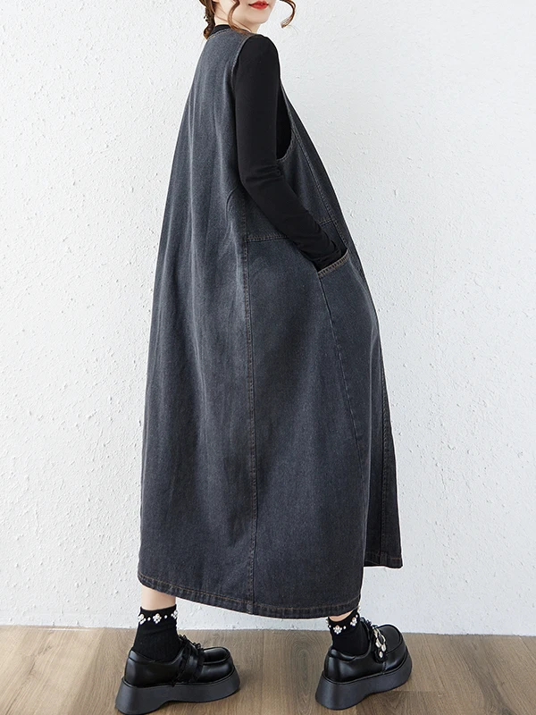 Artistic Loose Long Denim Vest Dress Women's Autumn Winter New Style Age Reduction Versatile Dress Casual round Neck Short Sl...