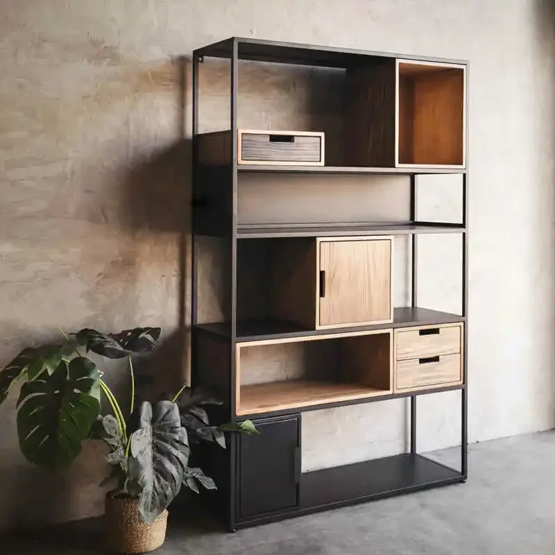 Modern simple solid wood wrought iron bookshelf, living room partition rack, display rack