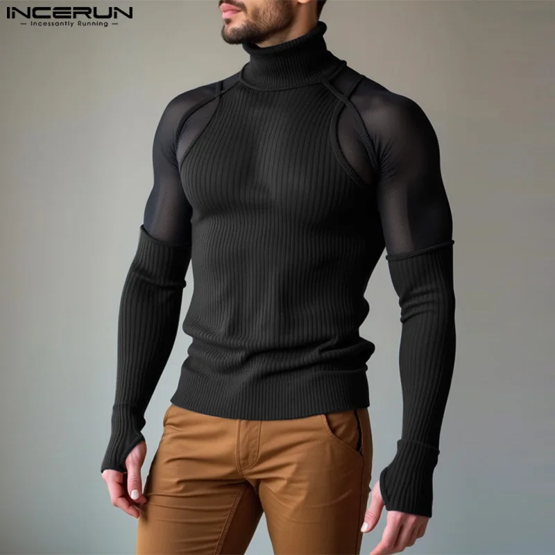 INCERUN Men Casual Long Sleeve T-shirts 2024 High Neck Simple Elegant Tops Mesh Splicing Textural Sense Fitting Knitted Camiseta