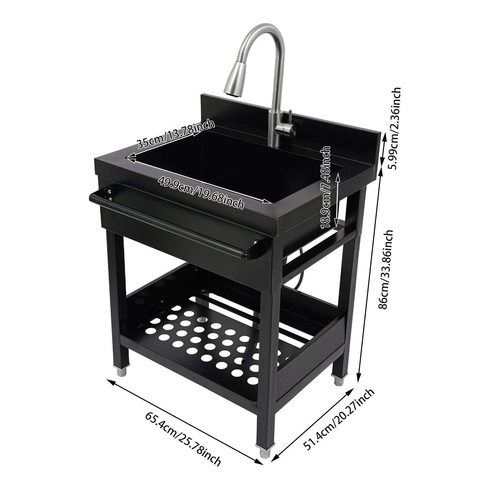 

Floor Standing 201 Stainless Steel Kitchen Sink Single Bowl Kitchen Sink with Faucet Storage Shelf Towel Rack 65.5*51.5*86cm