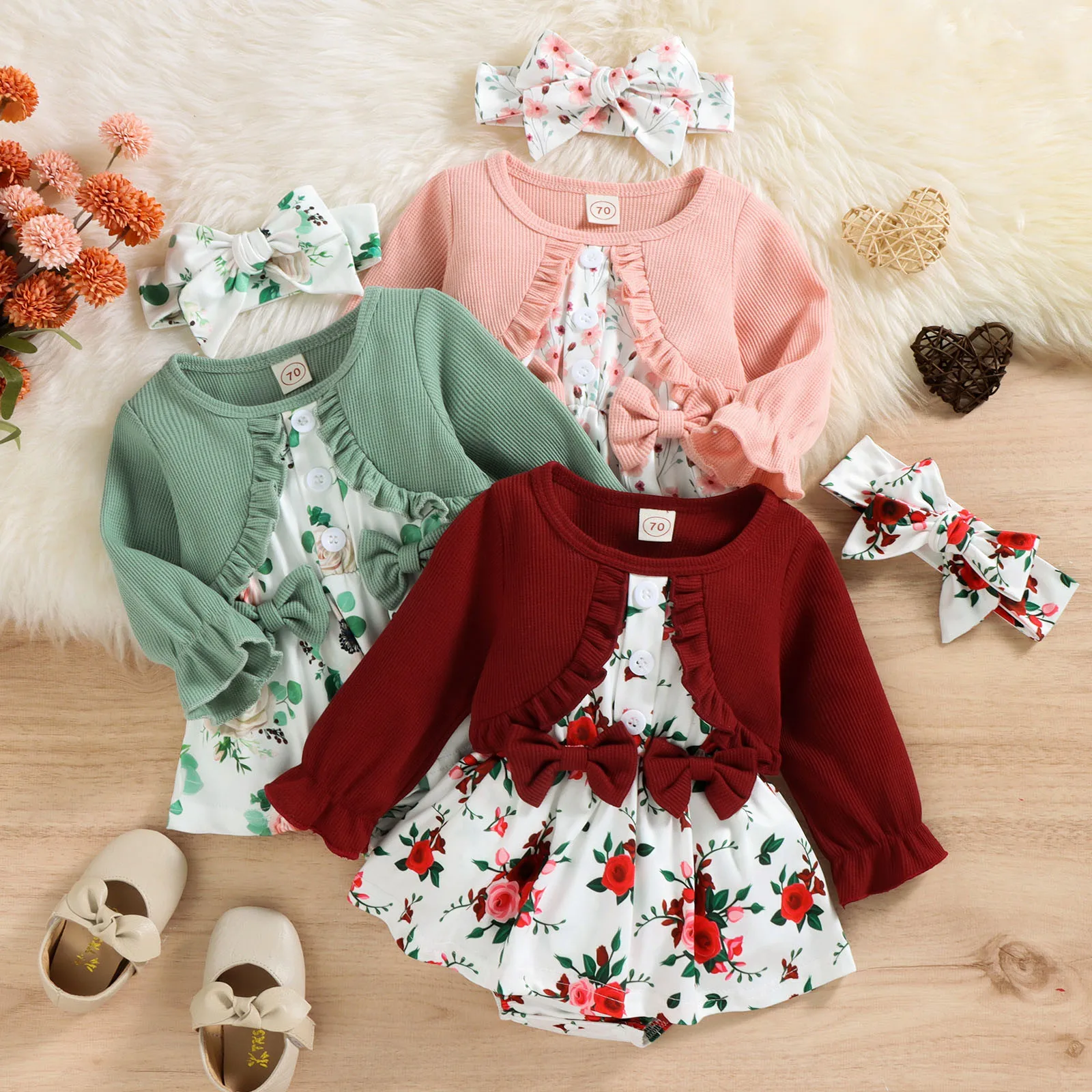 

Newborn With Bow Headbands Party Set Infant Girls Ruffles Bodysuits Dress Baby Long Sleeve Floral Prints Bowknot Romper Pullover