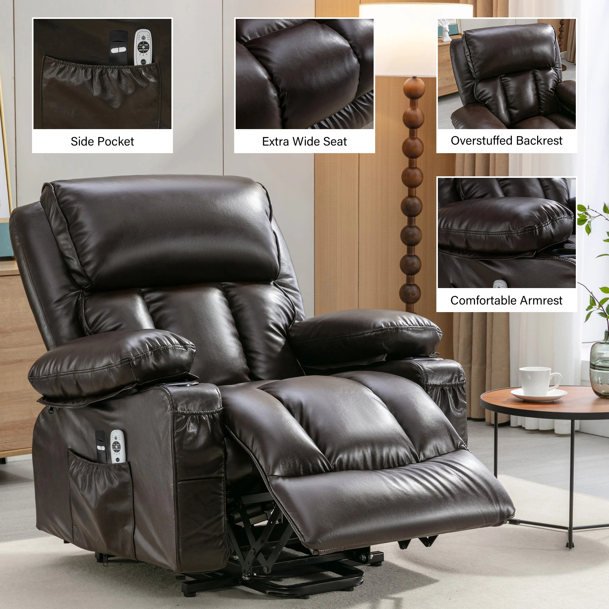 Modern Electric Massage Lift Lounge Chair Heated Vibration Fleece Leather Interior Metal Frame The Elderly USB Port