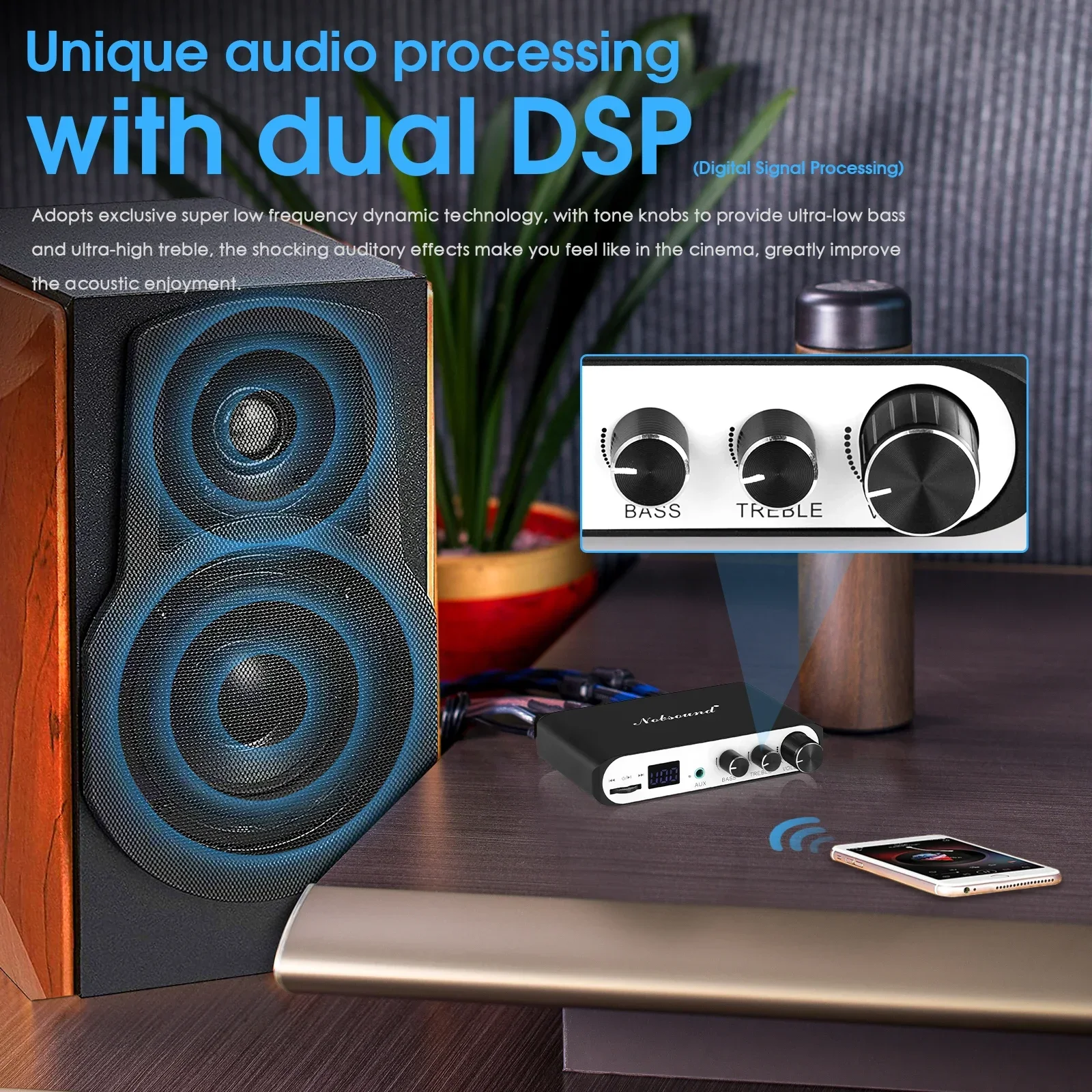 Nobsound-miniamplificador Digital M3 con Bluetooth 5,0, altavoz para el hogar/coche/marino, TPA3116, amplificador clase D de graves, reproductor USB, 50W x 2