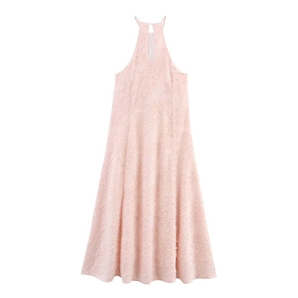 فستان ميدي صيفي جديد بنمط عصري معلق بياقة عنق بدون أكمام وشرابة مزخرفة